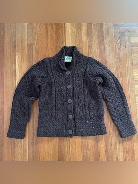 Handcrafted Irish Wool Chunky Knit Button-Up Cardigan - Dark Brown